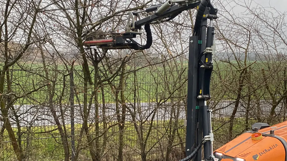 Funkraupe mit Astschere beim Rückschnitt einer Hecke